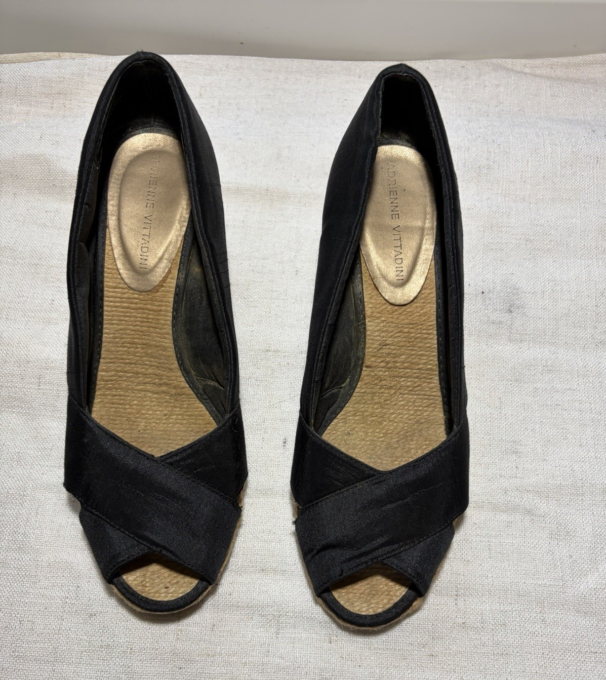 Adrienne Vittadini Women’s 8.5 Black Espadrille Wedge Slip On Open Toe Sandals