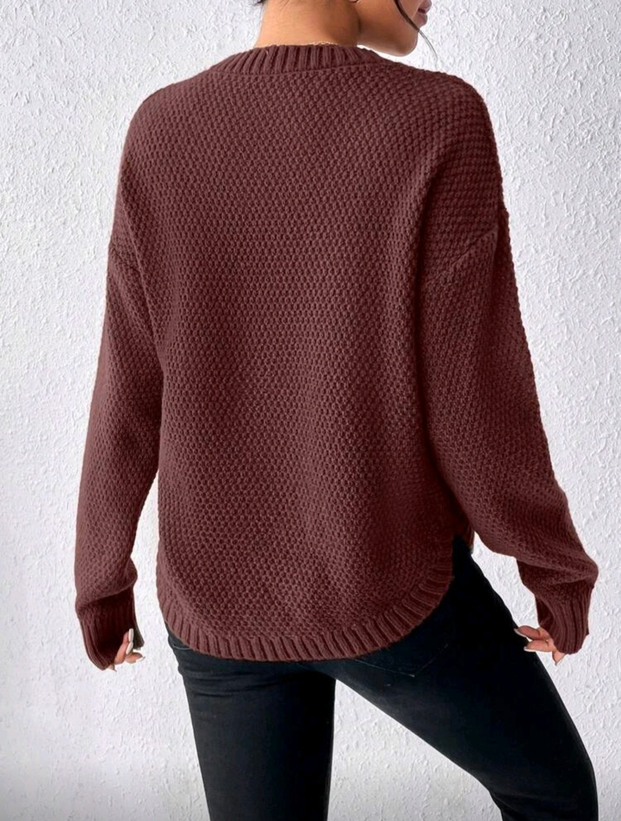 Brown Chunky-Knit Pullover Sweater Women Crew Neck Long Sleeve Relaxed