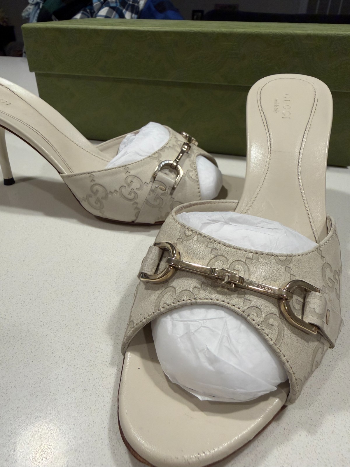 Gucci Guccissima GG Monogram Horsebit Slide Heels, Authentic, Size 37 1/2