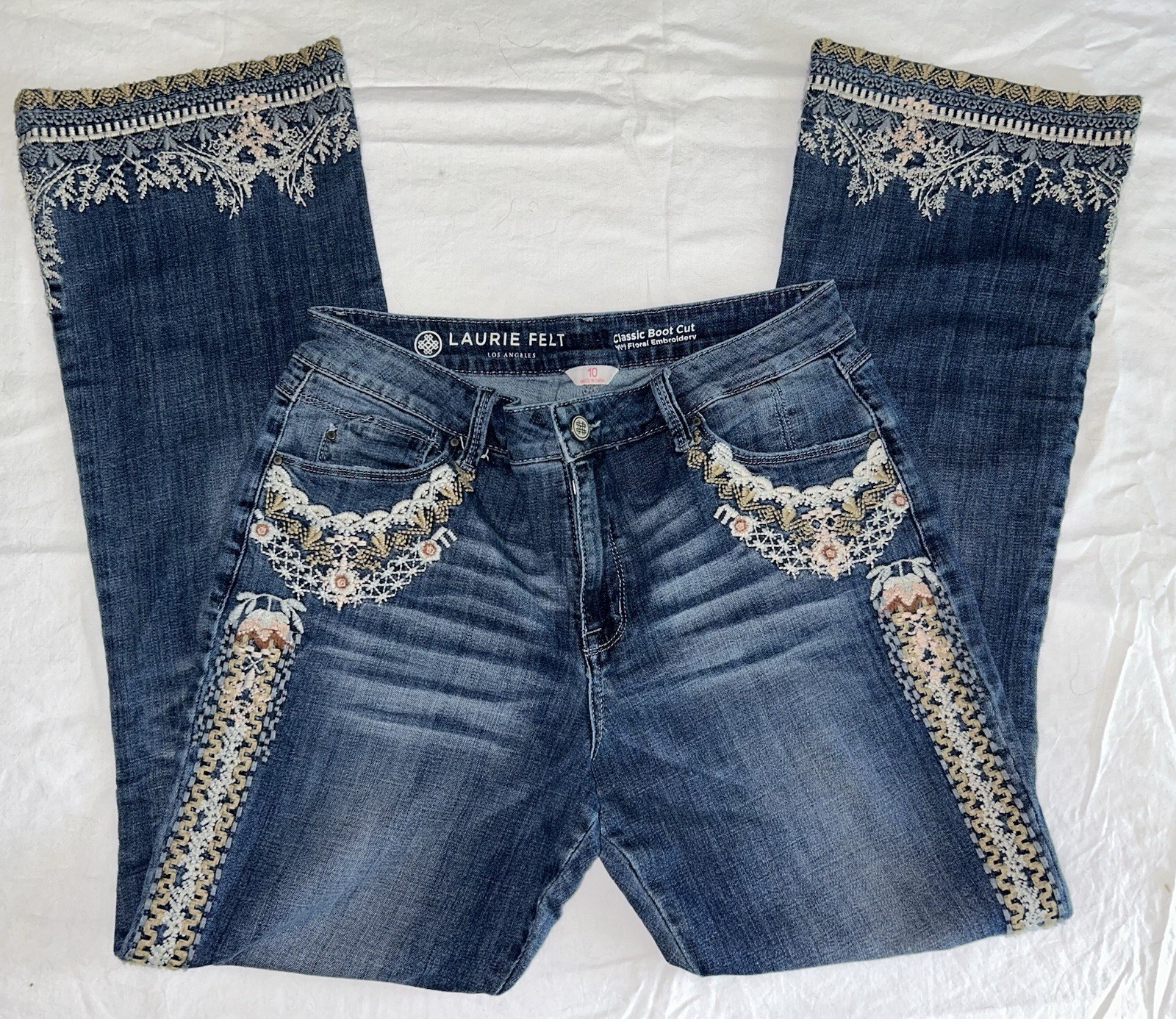 Laurie Felt Floral Embroidered Denim Bootcut Jeans Size 10