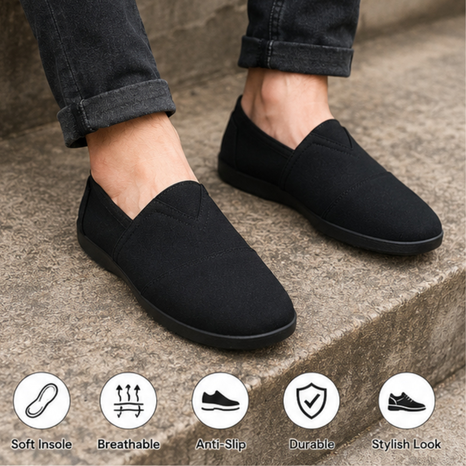 Men’s “Easy USA” The Most Comfortable Slip-on Casual Canvas Shoes Black Color