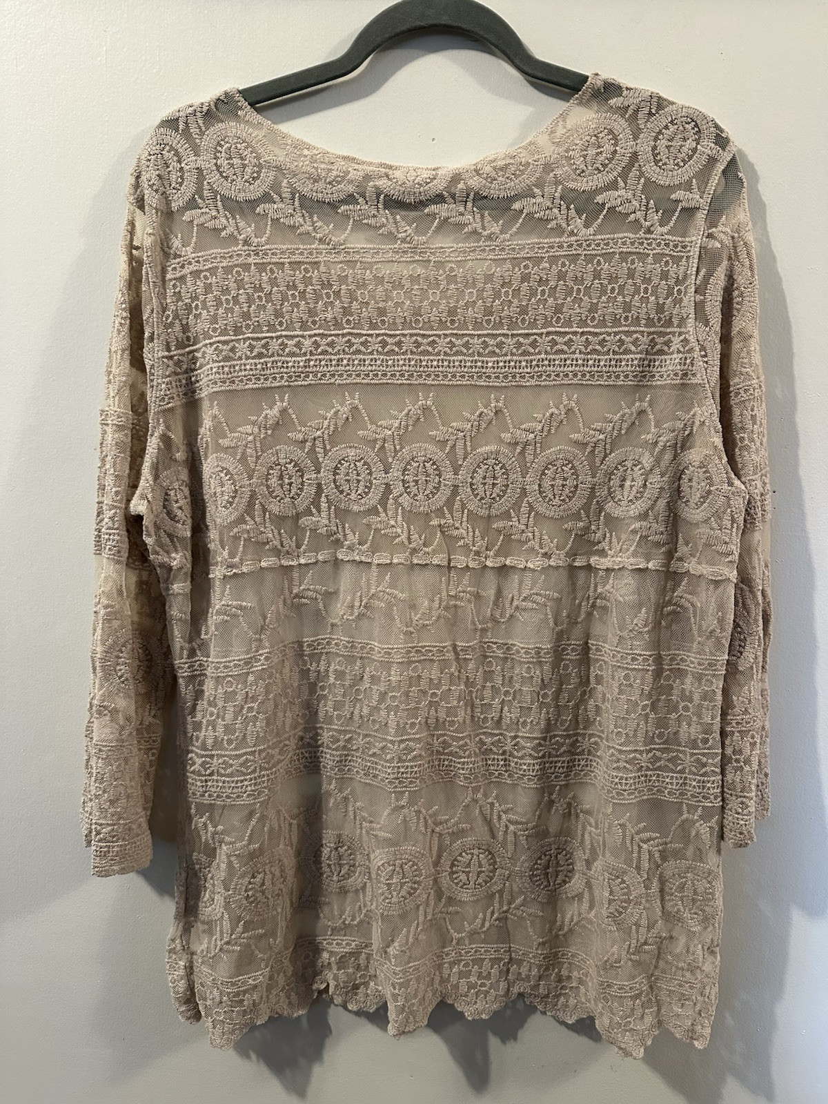 Woman Lace Top Semi Sheer Taupe Round Neck Size XL