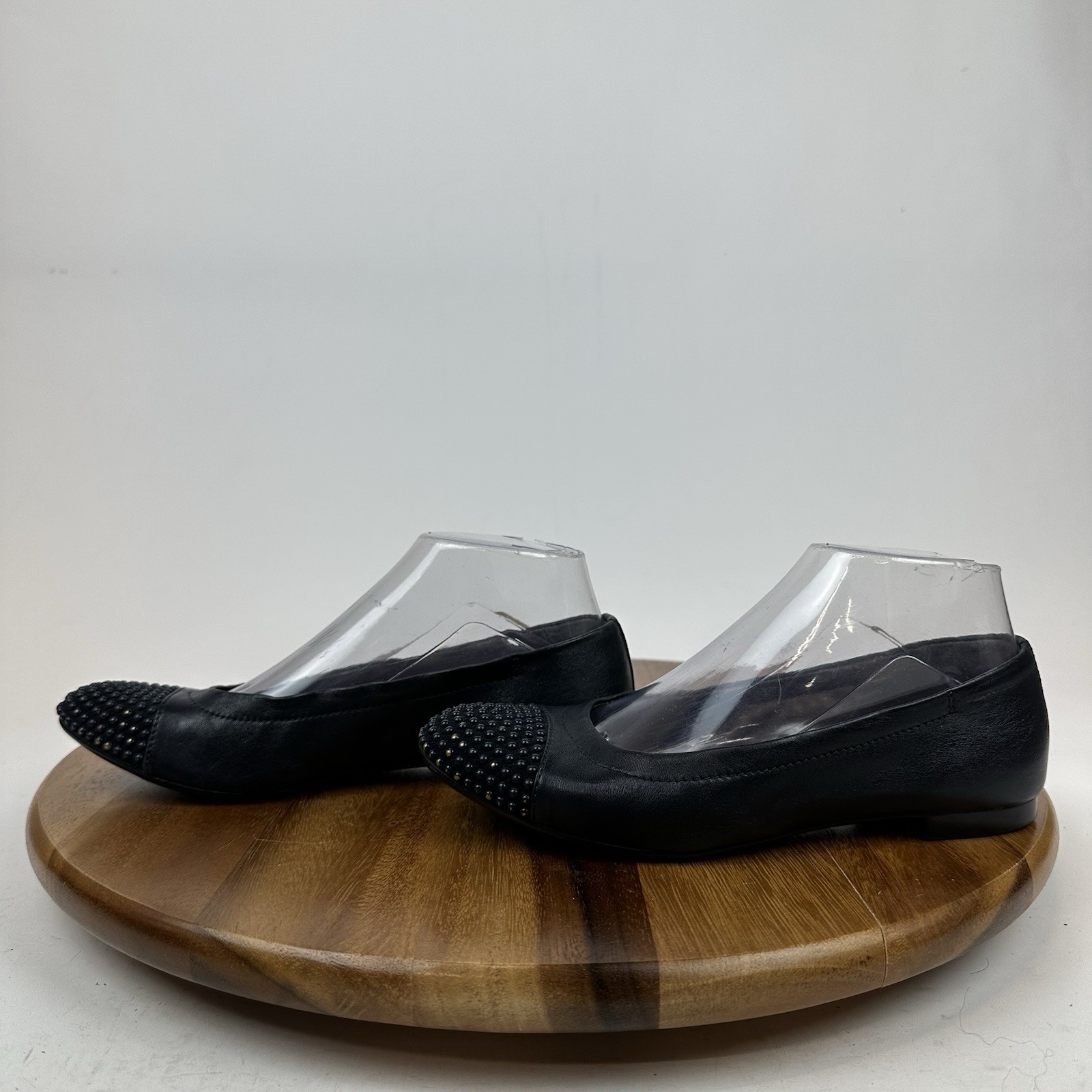 Womens AGL Italy Black Leather Studded Slip On Cap Toe Ballet Flats Size EU 36