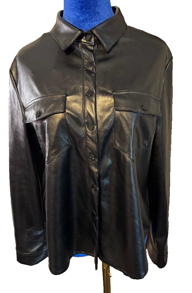 New HAODUOYI Women’s Black Jacket with two pockets faux leather L-XL