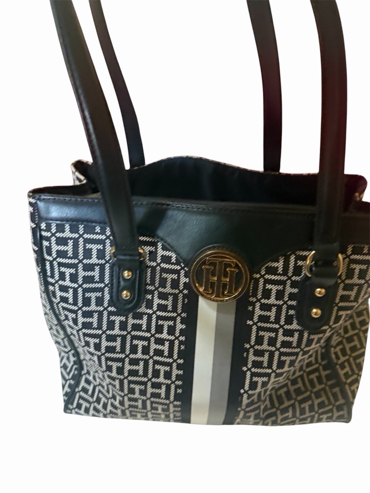Tommy Hilfiger Monogram Tote Bag Zip Closure Logo Accents Gold Hardware
