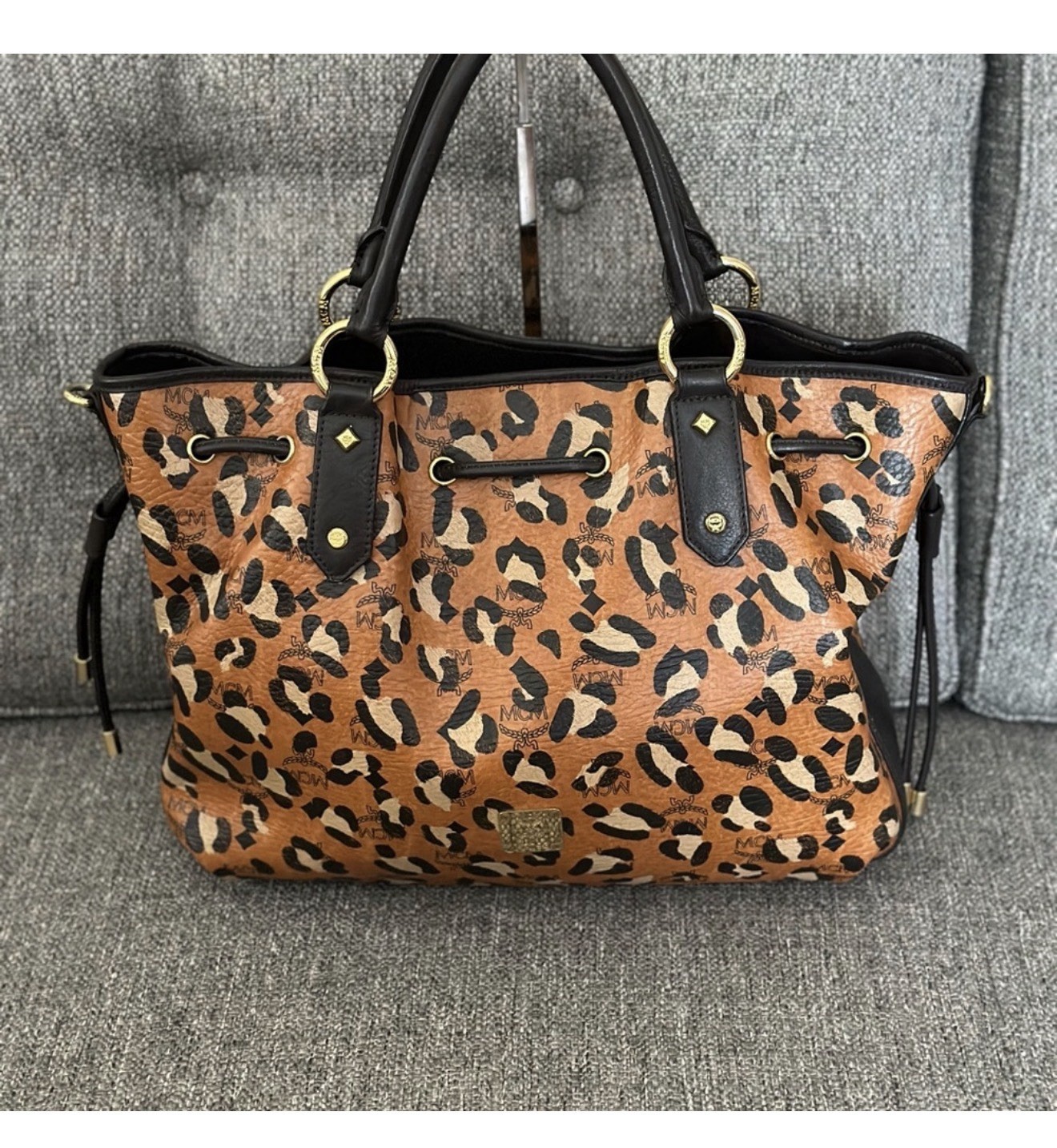 MCM Leopard Print Satchel Top Handle Bag Brown Black Drawstring Gold Dust Bag