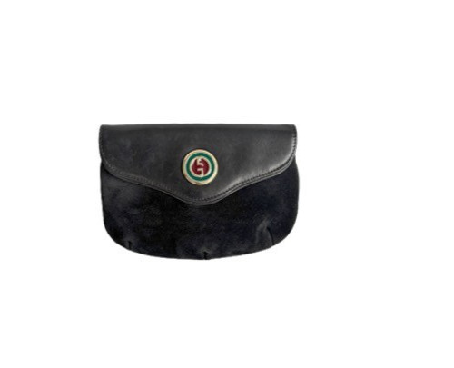 Vintage Gucci Black Suede Leather Clutch Enamel GG Logo Original Box
