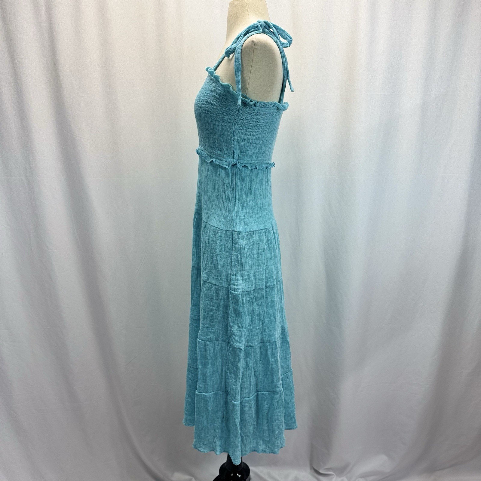 Altar’d State Floral Tiered Midi Sun Dress S Blue Green Tie Strap Smocked Bodice