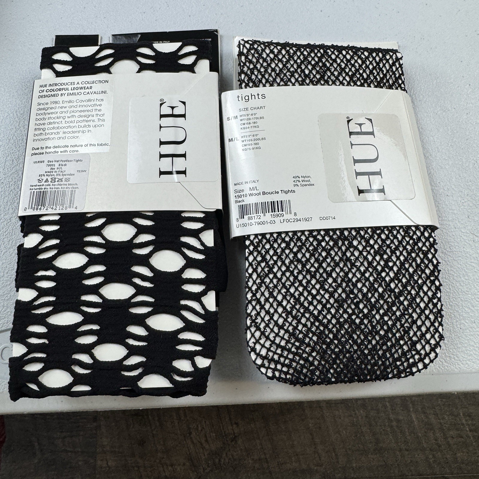 Hue Black Wool Boucle Net Tights and Black Geo Net Footless Tights Womens M/L