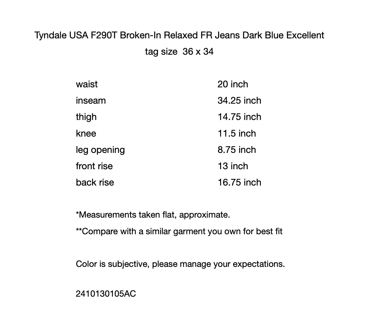 Tyndale USA F290T Broken-In Relaxed FR Jeans Dark Blue Excellent