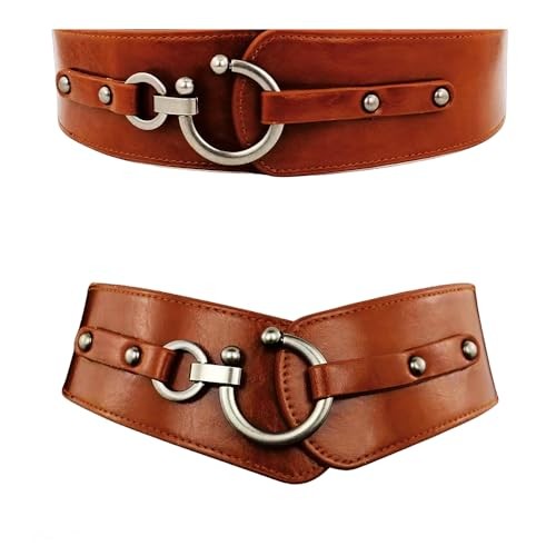 Women Wide Elastic Waist Belt Stretch Waist Belt Fashion Retro Leather Brown