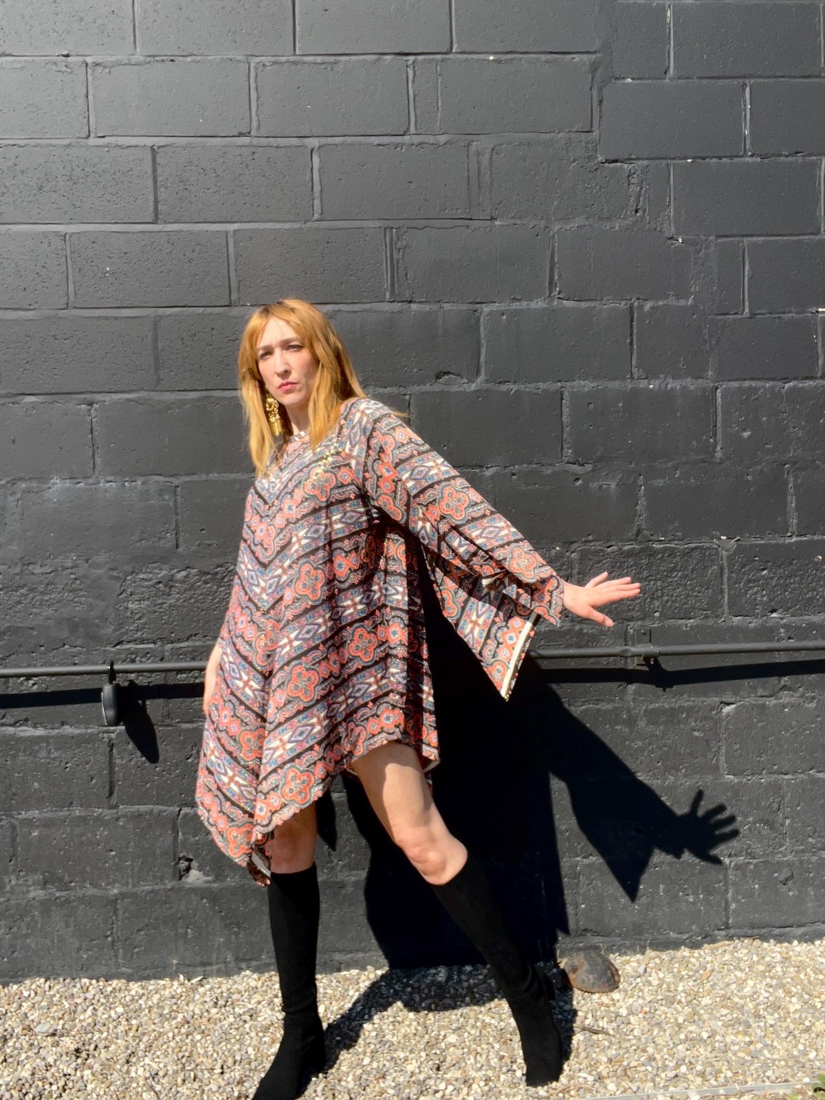 MAMA CASS Vintage 1960s Boho Metallic Angel Sleeve Dress, by Pennington’s, made