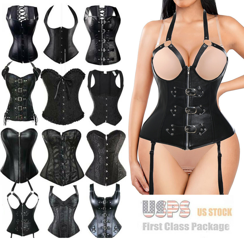 Women Gothic Black Boned Waist Trainer Corset Top Overbust Bustier Body Shapers