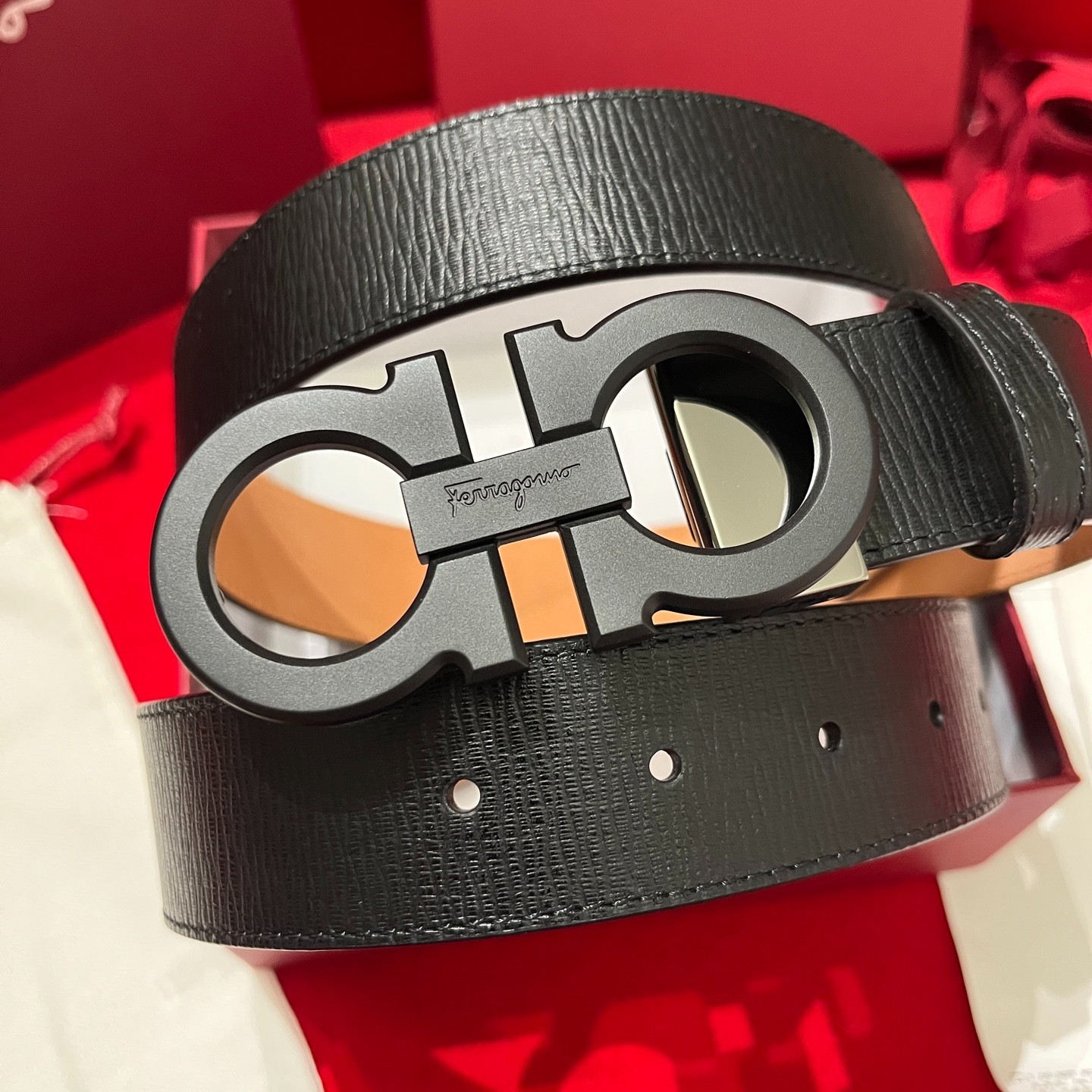 Salvatore Ferragamo Belt Handcrafted Genuine Italian Leather Black Buckle