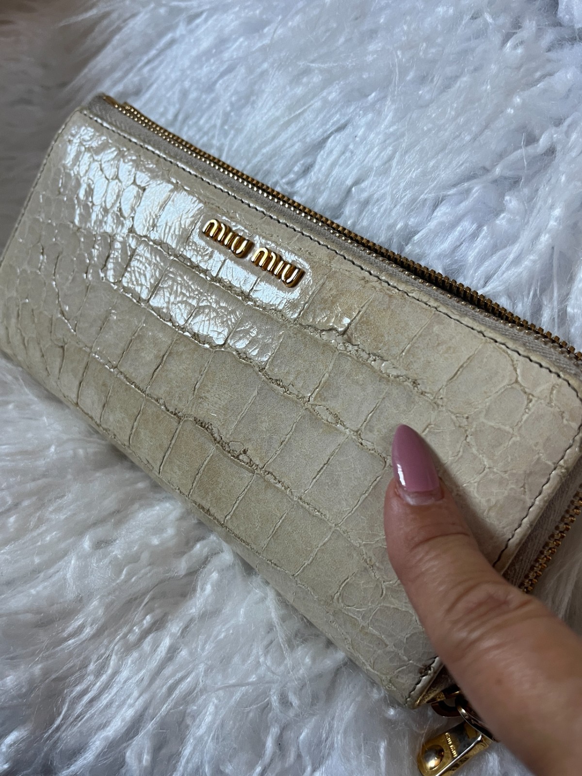 Miu Miu Beige Croc Embossed Zip Clutch Wallet