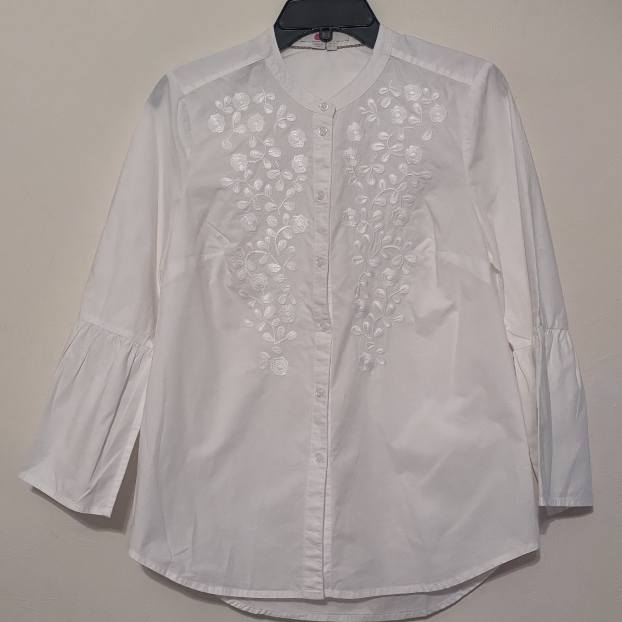 Boden Women’s White Long Sleeve Button Up Top With Floral Embroidery Size 4