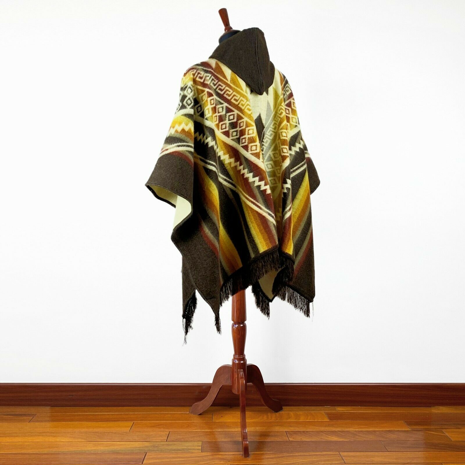 Alpaca wool Hooded Poncho Unisex Aztec pattern all seasons boho hippie XXL BROWN