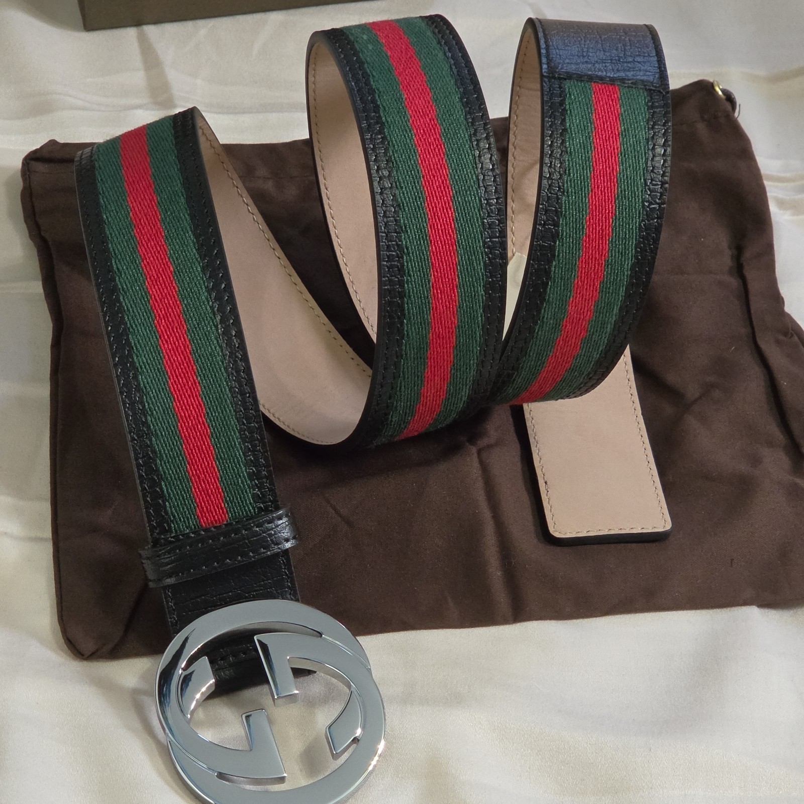 Authentic Gucci Black Green And Red Striped Belt, Men Size 34-36 IT 100CM