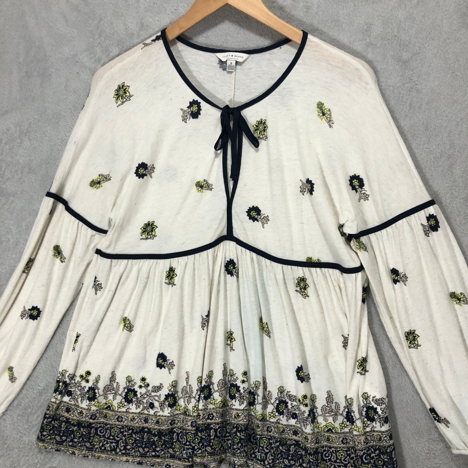 Lucky Brand Floral Peasant Top Tie Neck Long Sleeve Bohemian Blouse M