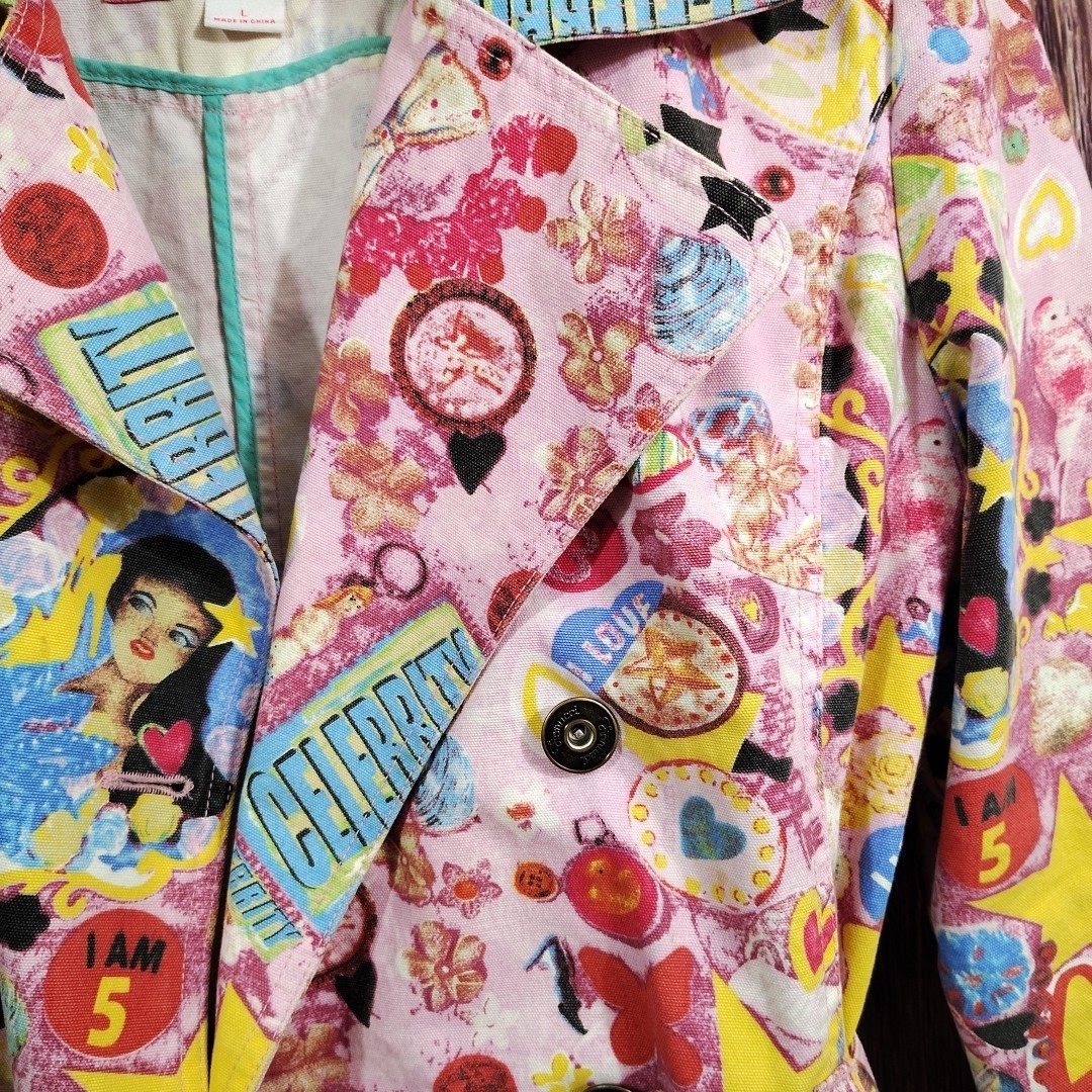 Fiorucci Trench Coat Pop Art Jacket Graphic Roses Mermaid Coquette L AOP VTG