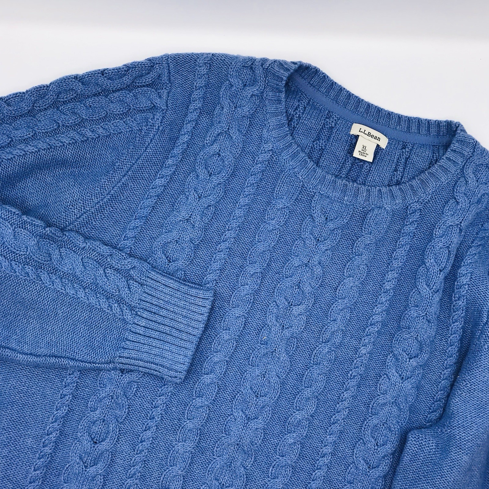 LL Bean Women’s Cable Knit Sweater Blue Fisherman Cotton Size XL