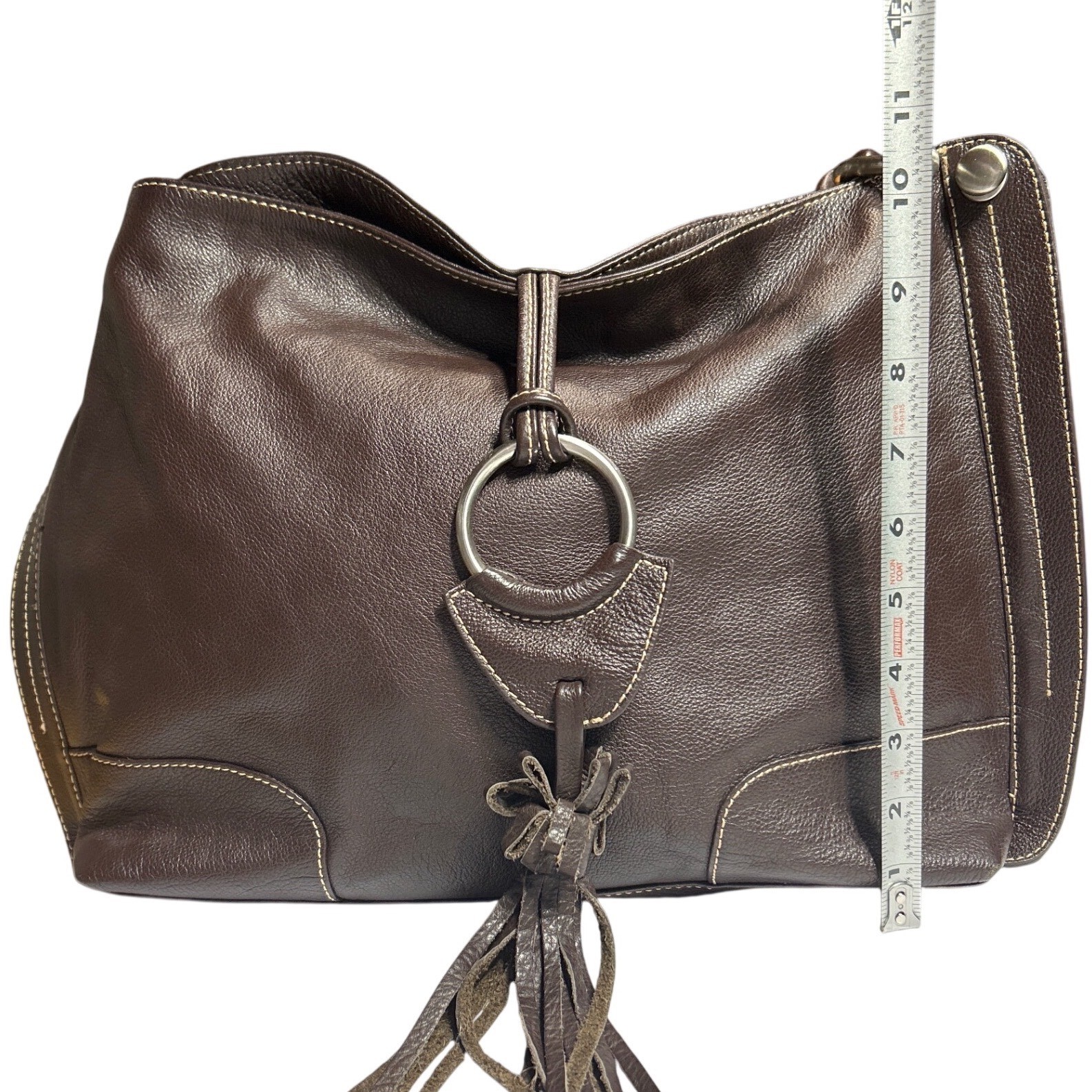VTG Celsius Brown Genuine Leather Hobo Shoulder Bag Tassel Leopard Print Lining