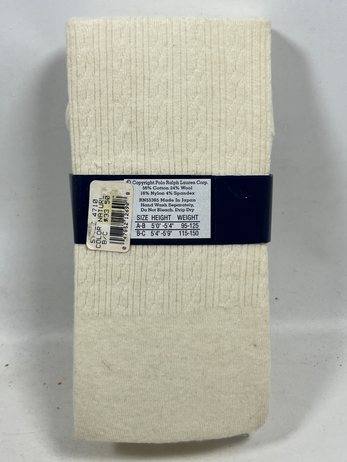 POLO RALPH LAUREN Tights Womens B-C Wool Cotton Cable Pantyhose Cable Beige NEW