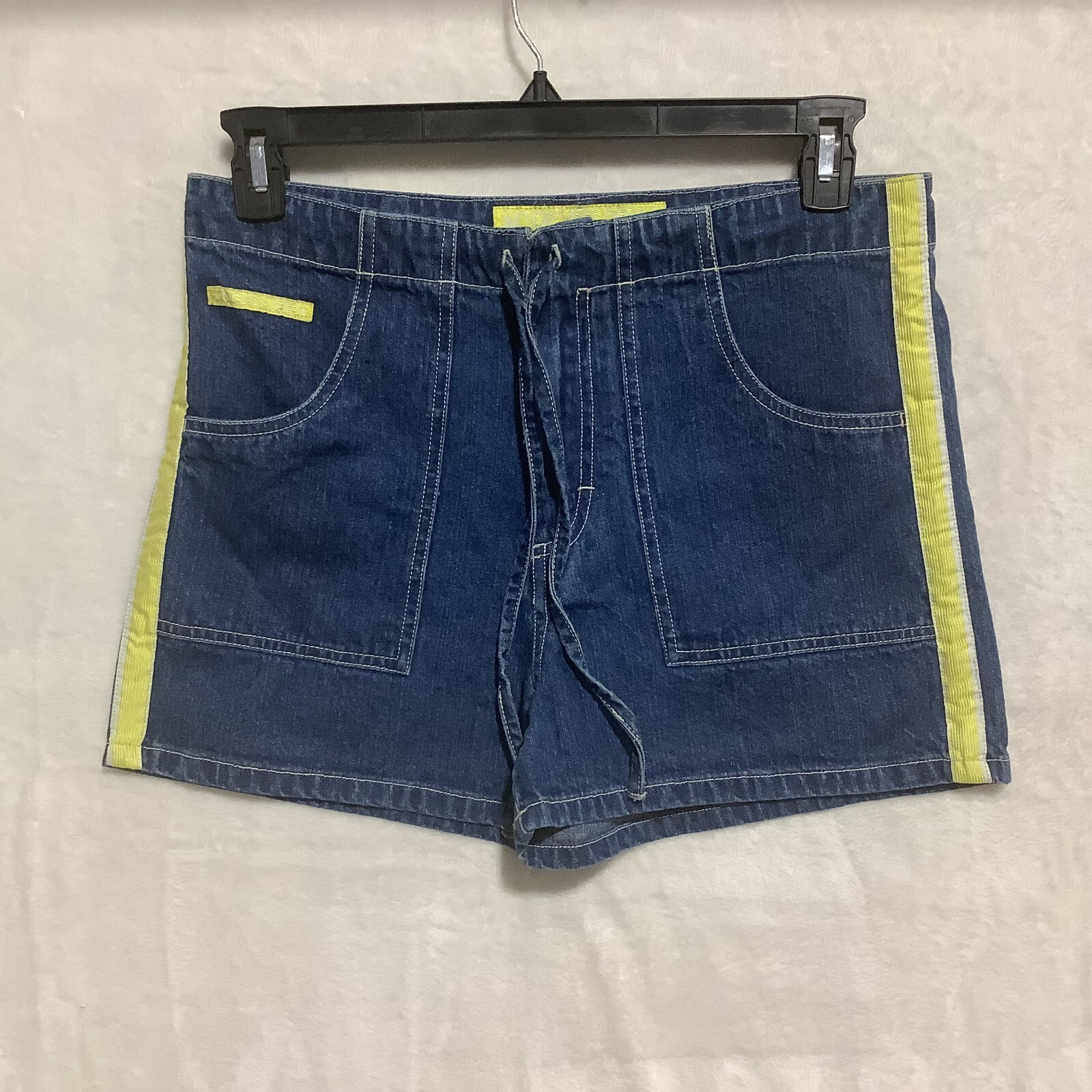 VTG 90s No Excuses Denim Shorts Tuxedo Stripe High Waist Mom Tie &Button Sz 9/10