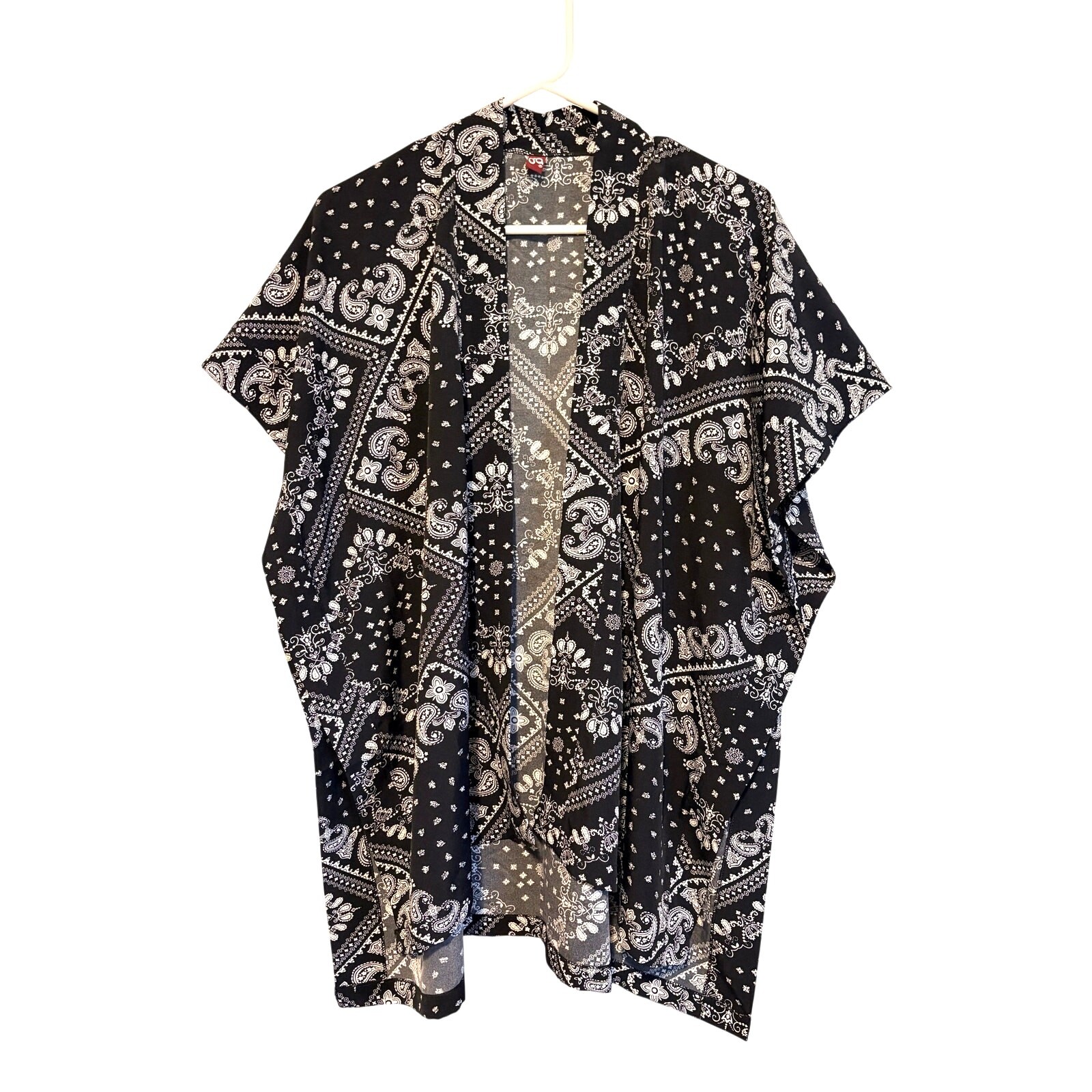 Black Bandana Paisley Print Kimono Short Sleeve Open OS Boho Chic Festival