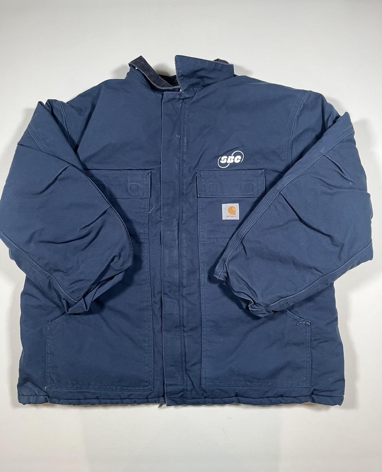 Carhartt Coat Mens Blue Canvas Quilted Insulated SBC Logo Workwear Winter Read