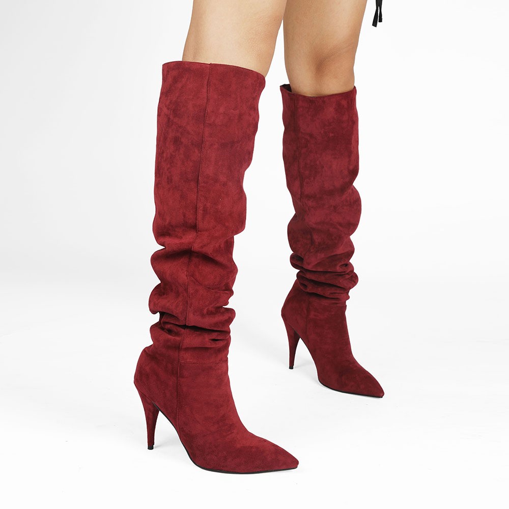 2026 Womens Pointy Toe Pleated Knee High Boots Pointed Oversized Stiletto Heels