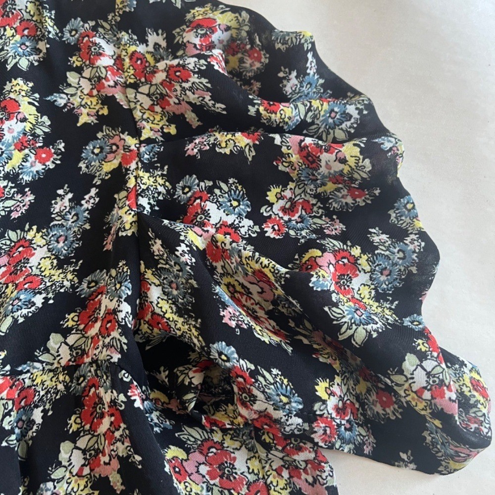 Sandro Floral Summer Ruched Puffed Sleeve V-neck A-line Cocktail Dress Medium