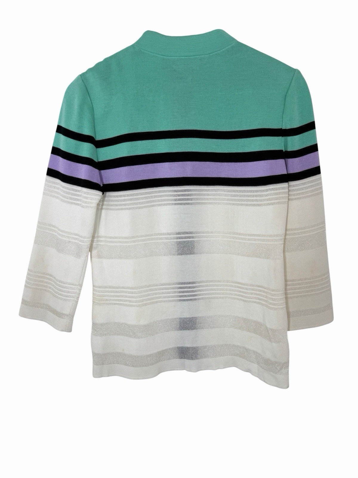 Ming Wang Cardigan Jacket Size Medium Stripe White Black Purple Green 3/4 Sleeve