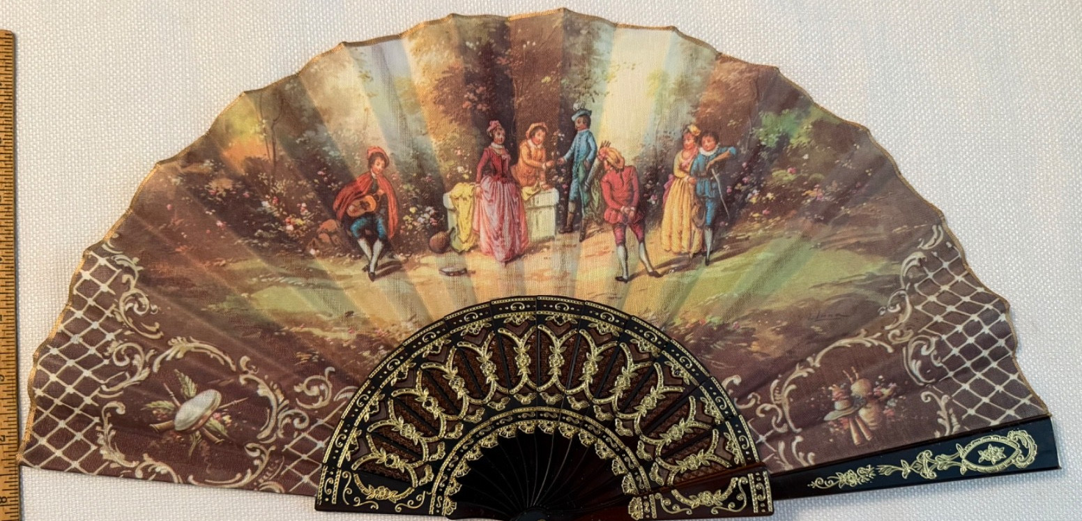 Vtg Giner Hand Fan W Box Features Period Clothing Fabric Plastic Gold Trim Spain