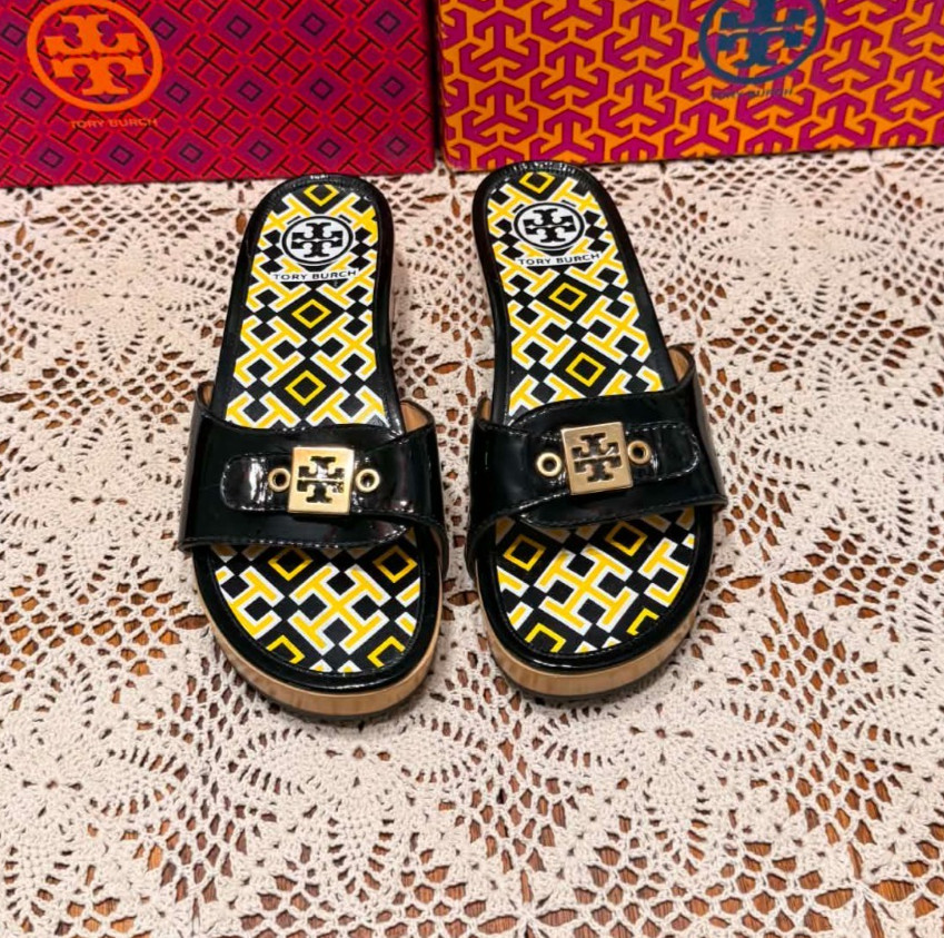 Tory Burch Dixon Patent Leather Wooden Clog Sandals Black / Yellow Women US 8M