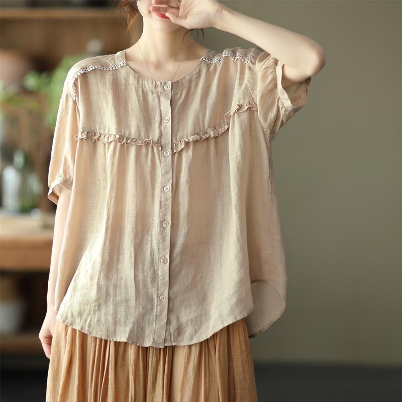 Women’s Cotton Ruffle Trim Blouse Loose Fit Casual Korean Style Solid Color Top