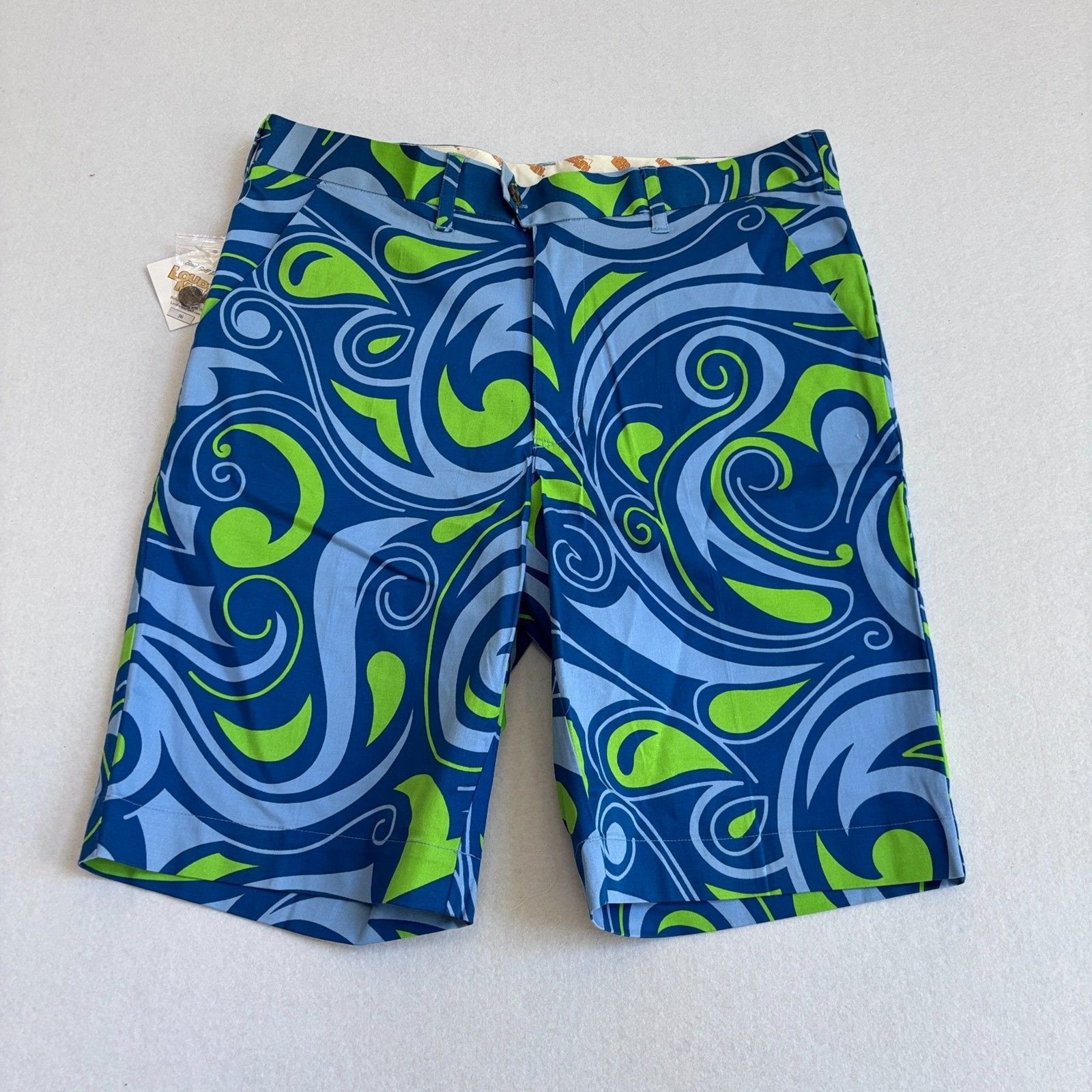 Loudmouth Golf Shorts Mens 36 Retro Splash Blue Flat Front Chino 11″ Cotton NWT
