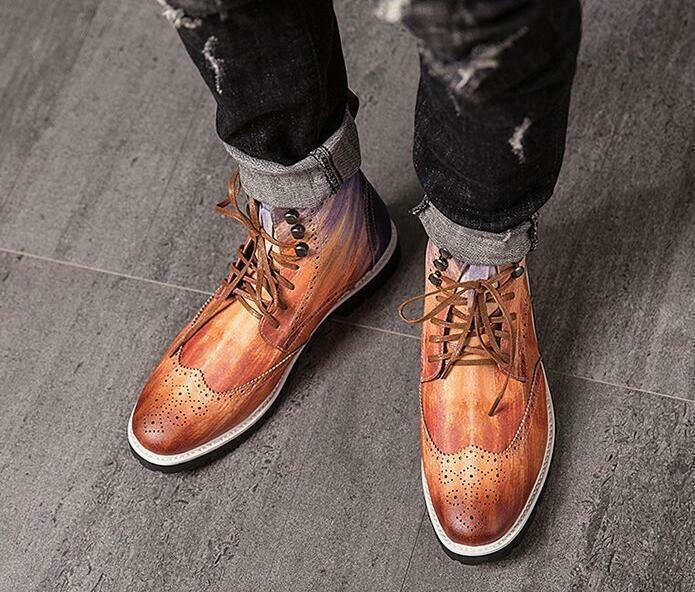 Mens High Top Brogue Shoes Carved Wingtip Lace Up Dress Casual Ankle Boots Hot
