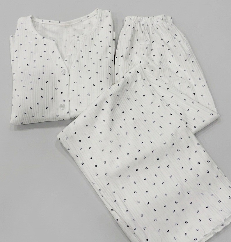 Cotton Knit Floral Pajama Set, Long Sleeve V-Neck, White Blue, M-L/XL