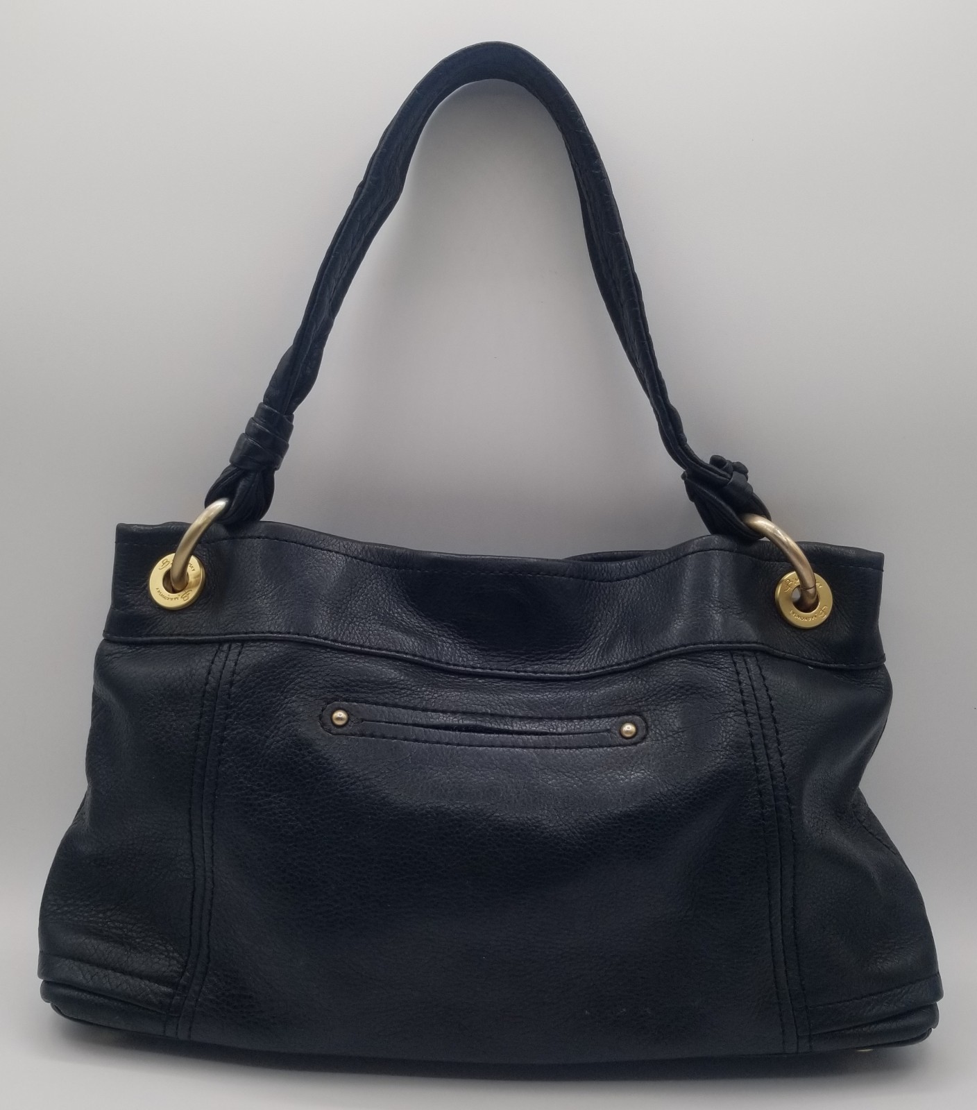 B Makowsky Black Pebble Leather Hobo Bag Gold Hardware Corset Lace Up, Side Zips