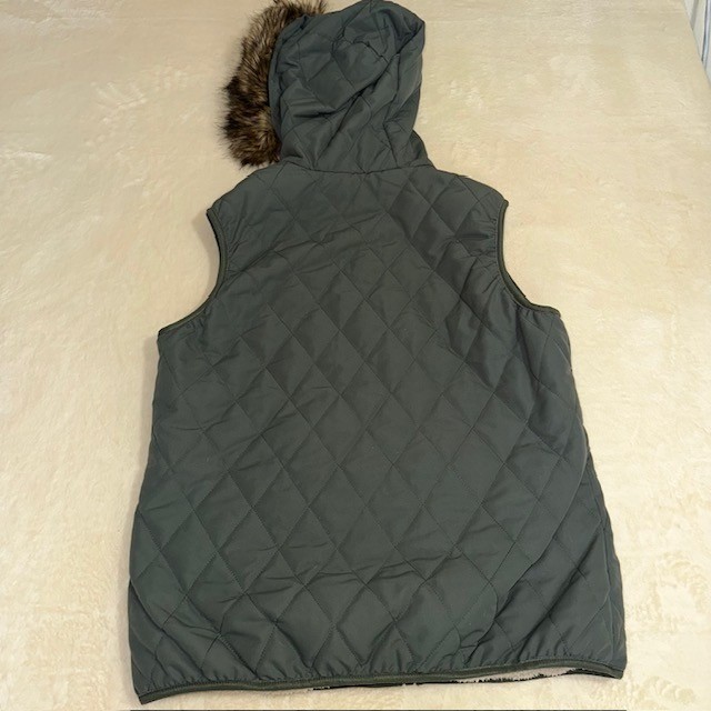 Eddie Bauer Womens Green Quilted Sherpa Lined Hooded Faux Fur Trim Vest Large