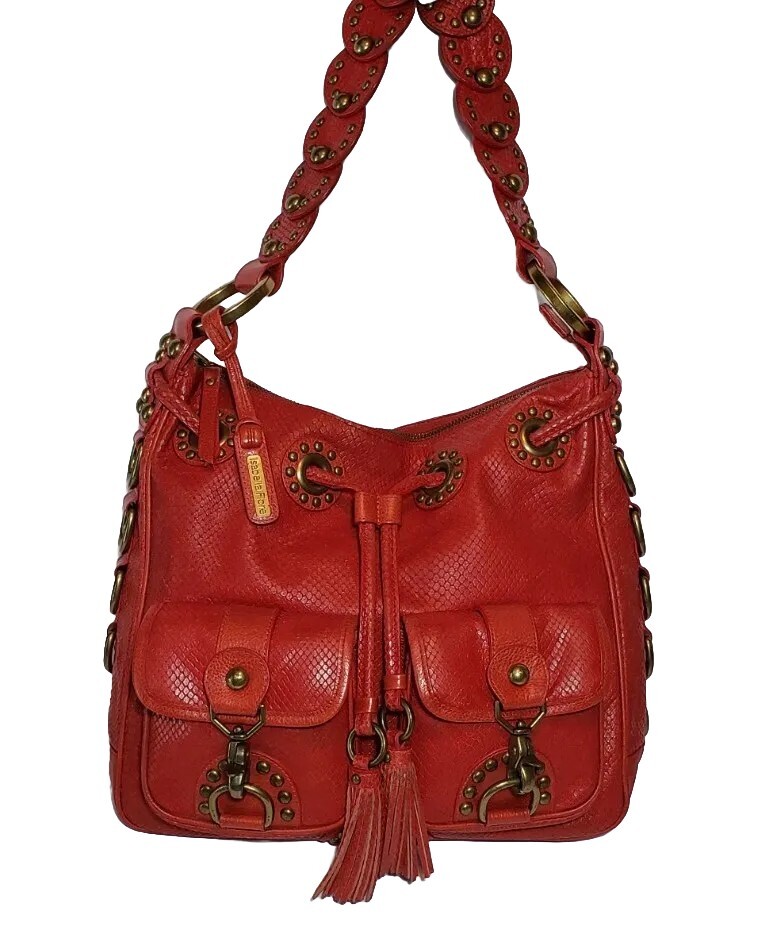 ISABELLA FIORE SNAKE CHARMER RED STUDDED EMBOSSED LEATHER SHOULDER HANDBAG $695