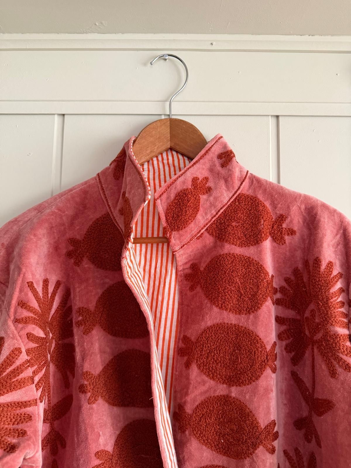 Handmade Red Velvet Embroidered Jacket Boho Floral Festival Wear
