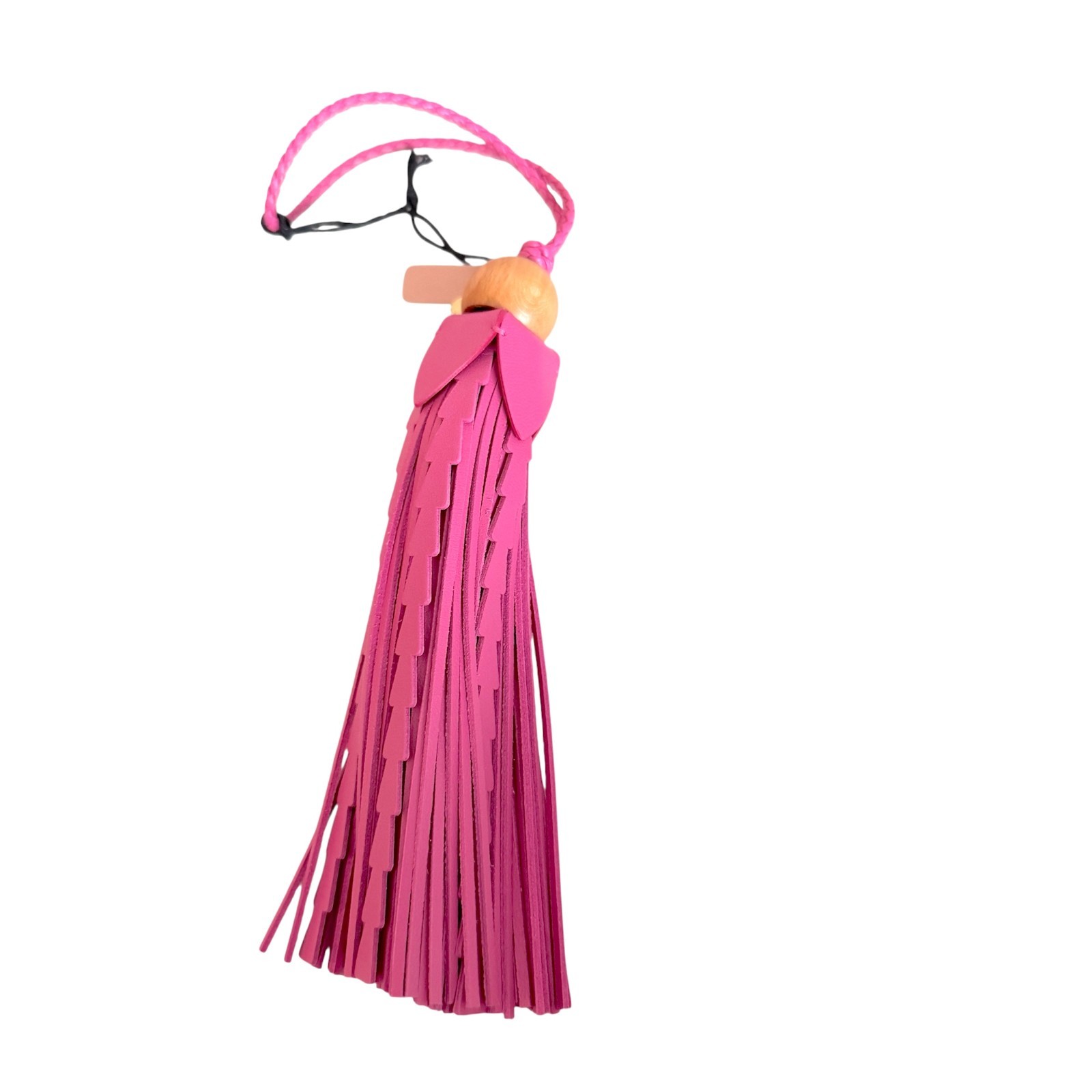Miu Miu Bag Charm Leather Keychain NEW, Pink Tassel with wood top
