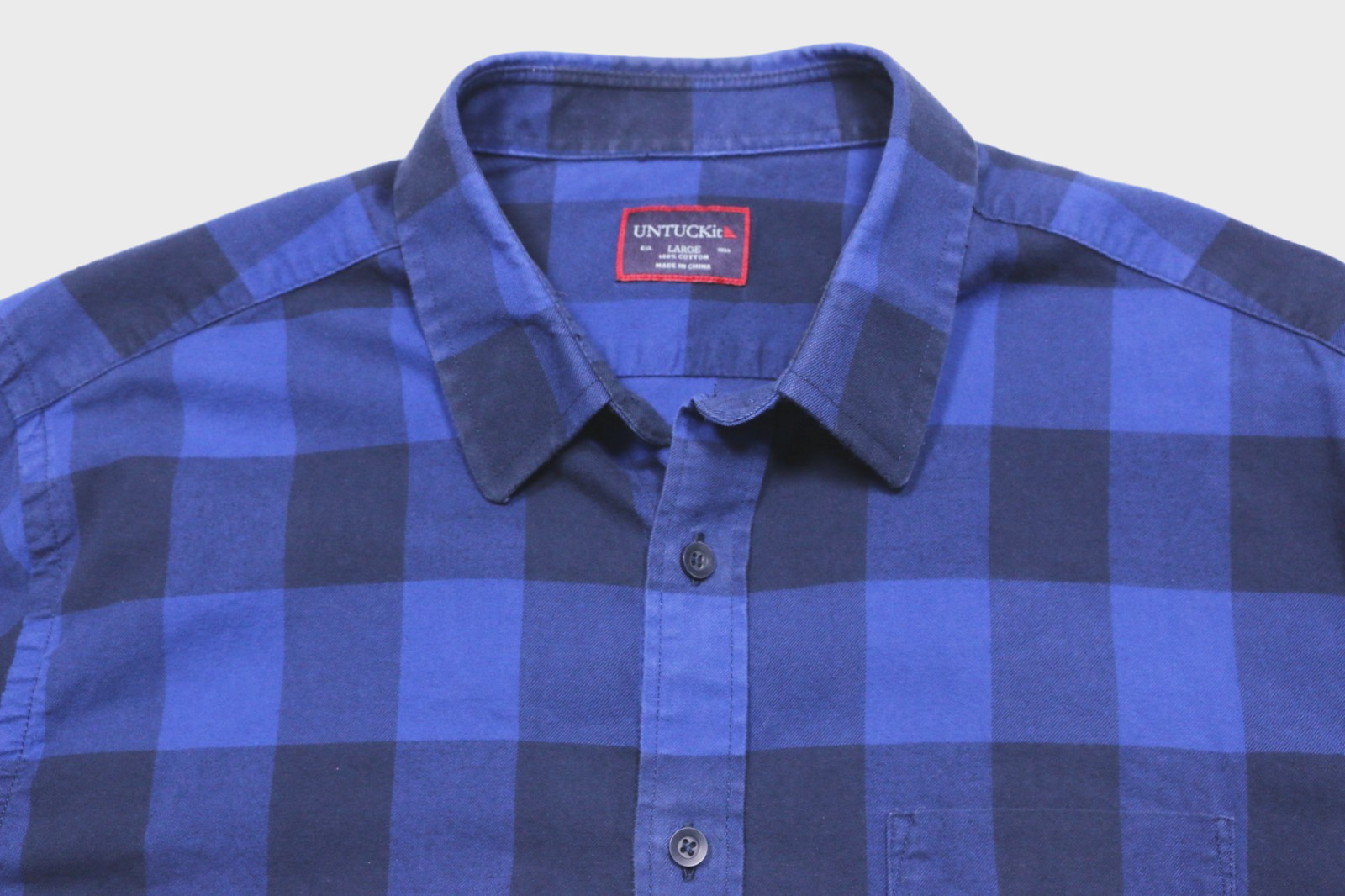 Untuckit Buffalo Plaid Flannel Shirt Size L 100% Cotton Blue Plaid Nautical