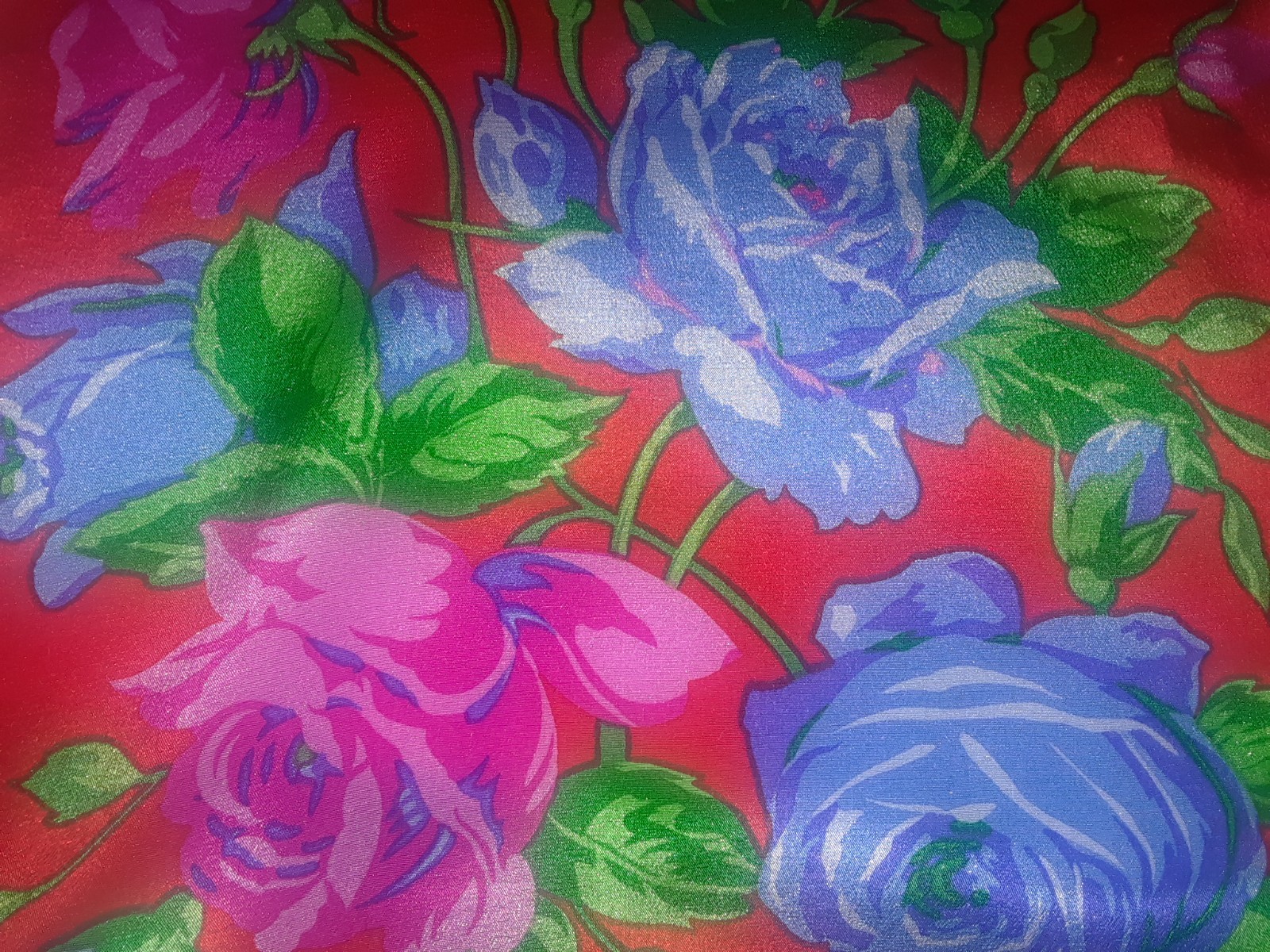 ECHO Red Blue Purple Roses Floral 100% Silk Oblong Scarf 51″