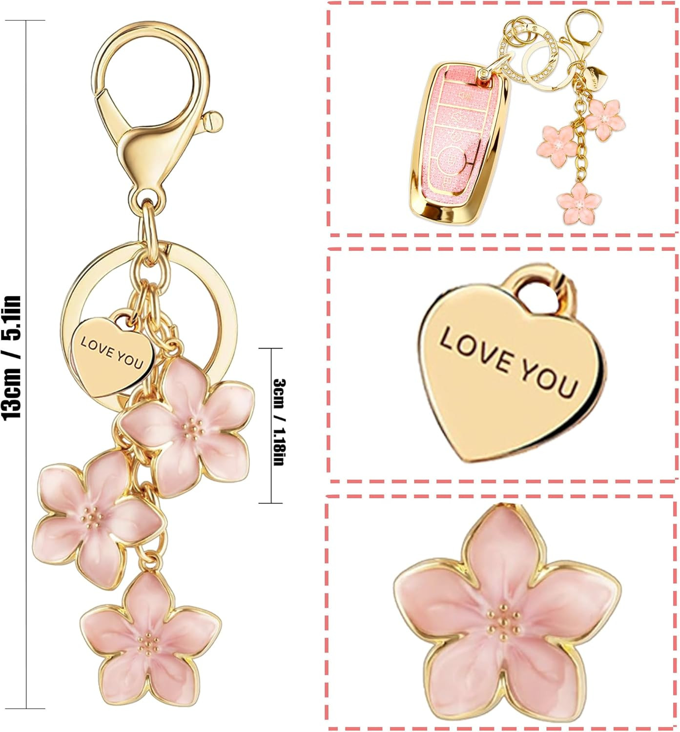 Pink TPU Key Fob Cover with Sakura Flower Keychain Compatible with Jeep Compass