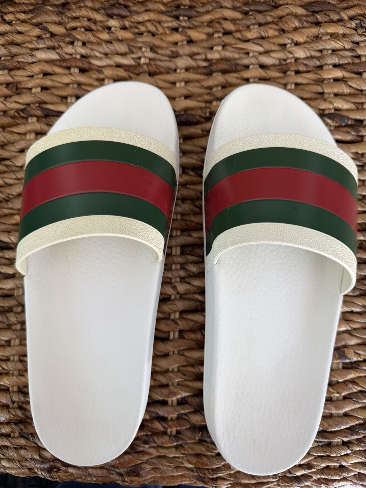 Gucci Web Stripe Slide Sandals White Rubber US W8.5/M7 – Box/Dusty Included
