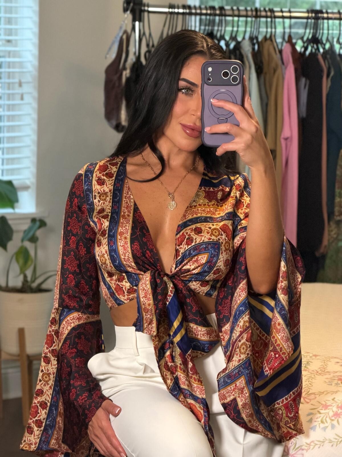 Boho Paisley Bell Sleeve Tie Front Crop Top Cider Festival Hippie
