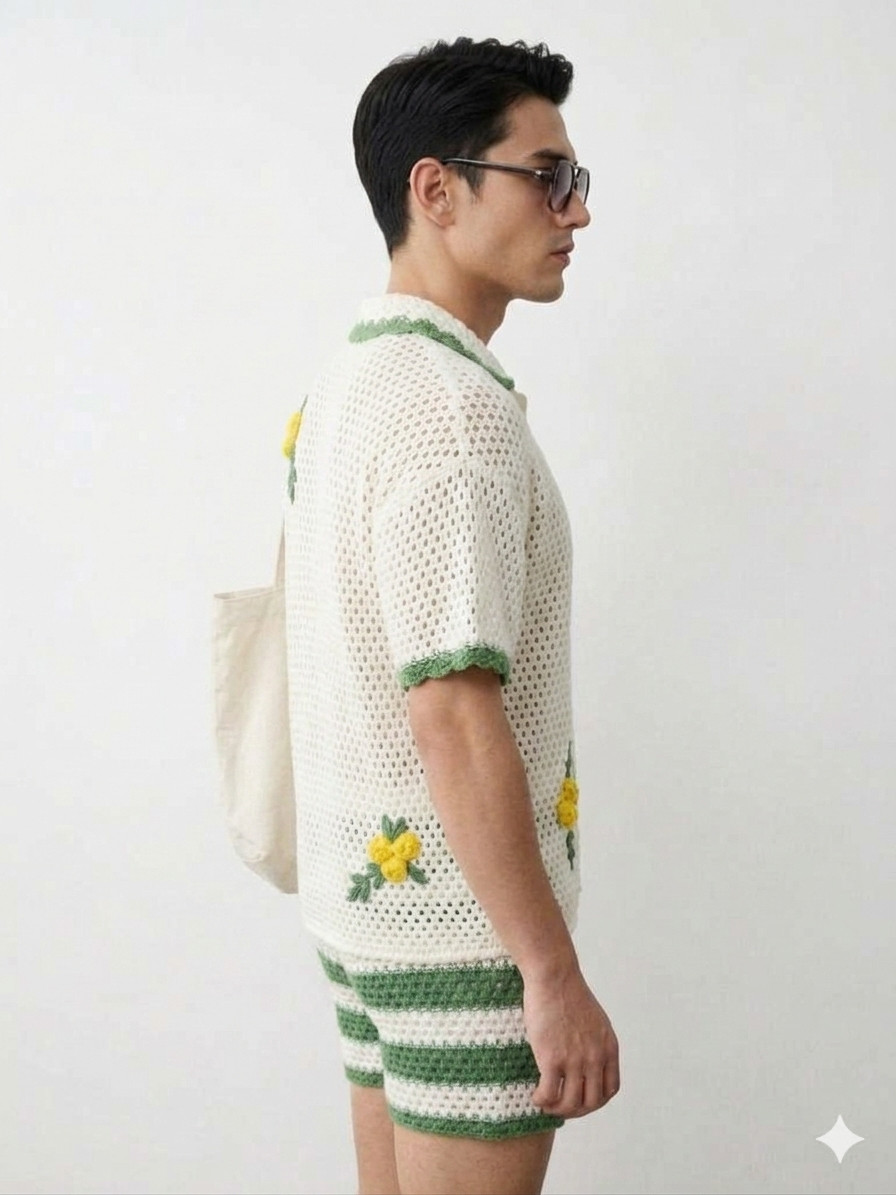 Handmade Resort Crochet Co-Ord Set Vintage Summer and Striped Matching Shorts